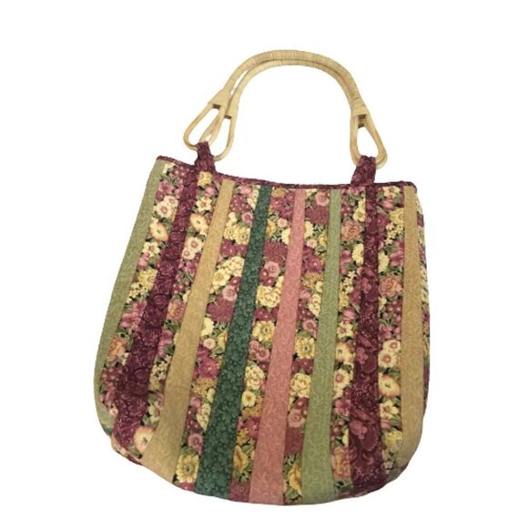 Vintage Extra Large Handmade Quilted Scrap Tote Handbag Purse Bamboo Handle - Picture 1 of 9